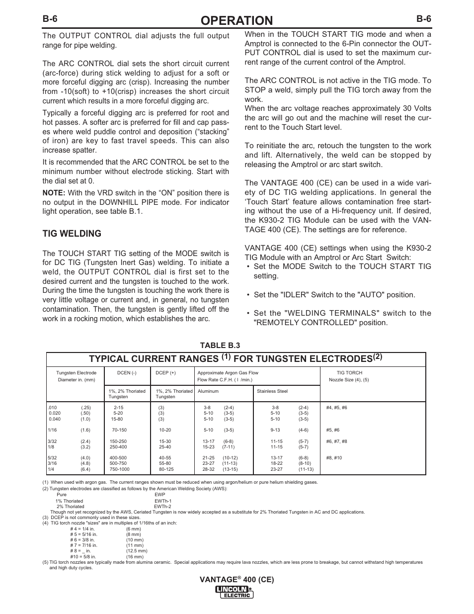 Operation, Tig welding, Typical current ranges | For tungsten electrodes, Table b.3 vantage, 400 (ce) | Lincoln Electric IM889 VANTAGE 400 (CE) User Manual | Page 24 / 49