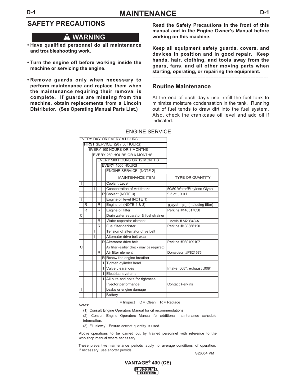 Maintenance, Safety precautions, Warning | Routine maintenance, Engine service | Lincoln Electric IM889 VANTAGE 400 (CE) User Manual | Page 27 / 49