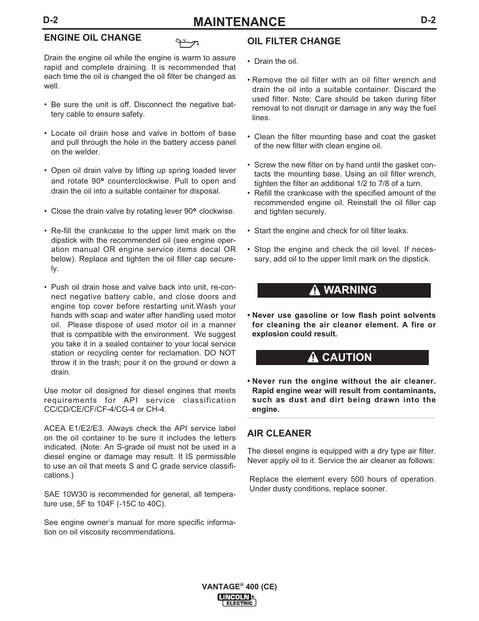 Maintenance, Caution warning | Lincoln Electric IM889 VANTAGE 400 (CE) User Manual | Page 28 / 49