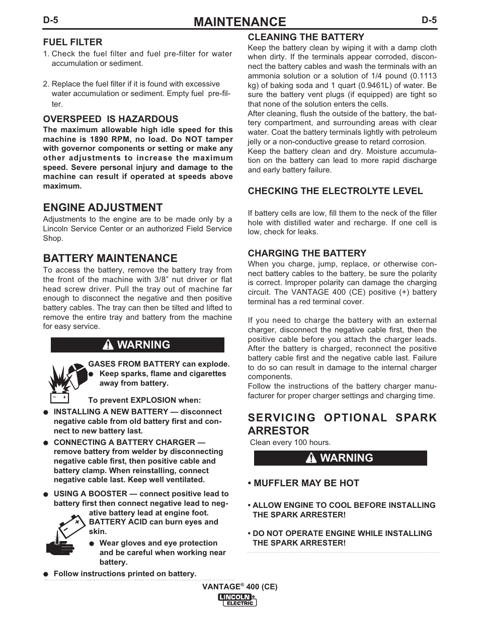 Maintenance, Engine adjustment, Battery maintenance | Servicing optional spark arrestor, Warning | Lincoln Electric IM889 VANTAGE 400 (CE) User Manual | Page 31 / 49