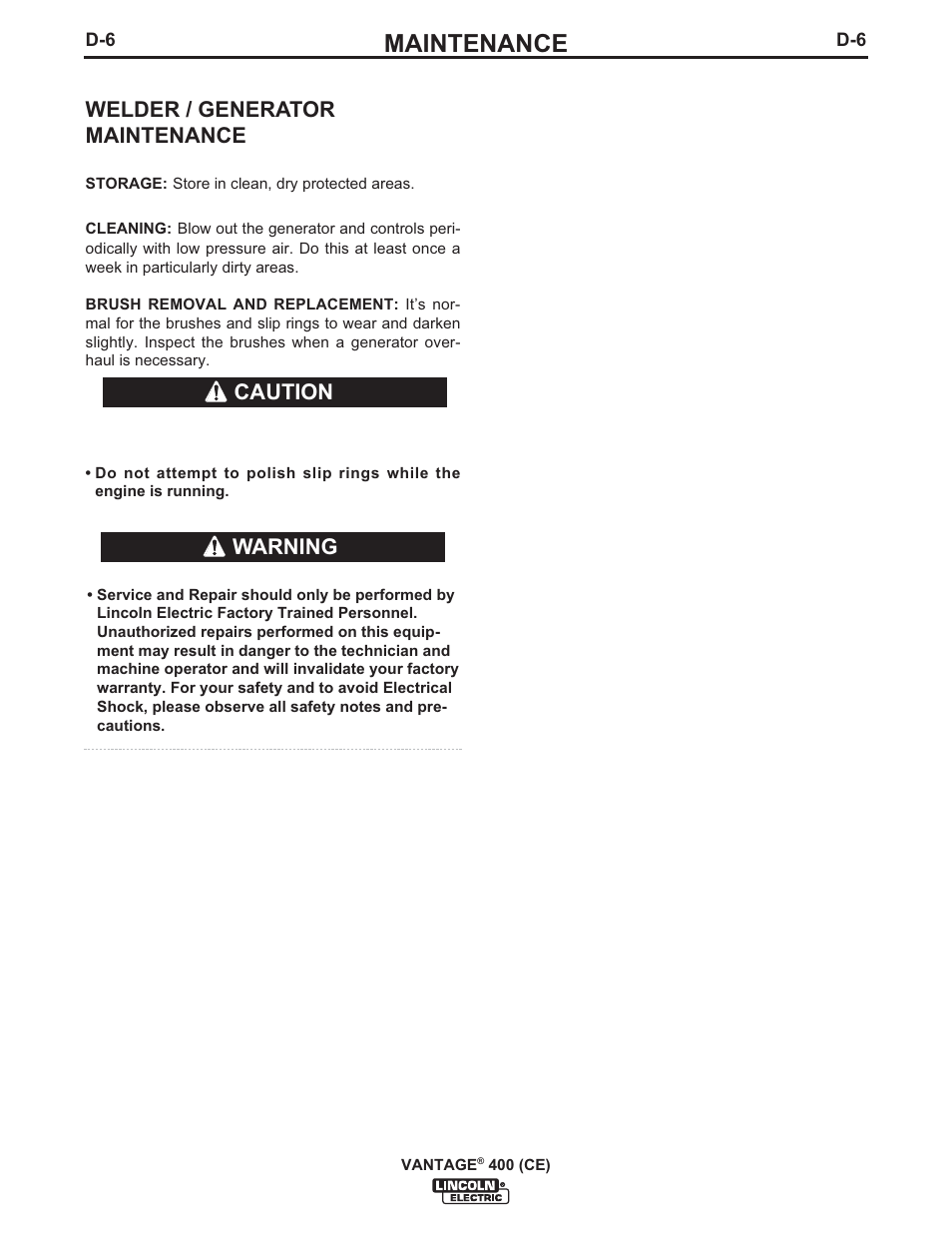 Maintenance, Welder / generator maintenance, Warning | Caution | Lincoln Electric IM889 VANTAGE 400 (CE) User Manual | Page 32 / 49