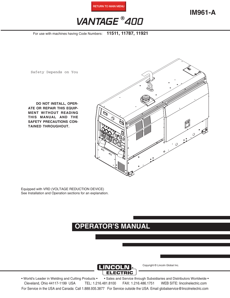 Lincoln Electric IM961 VANTAGE 400 User Manual | 56 pages