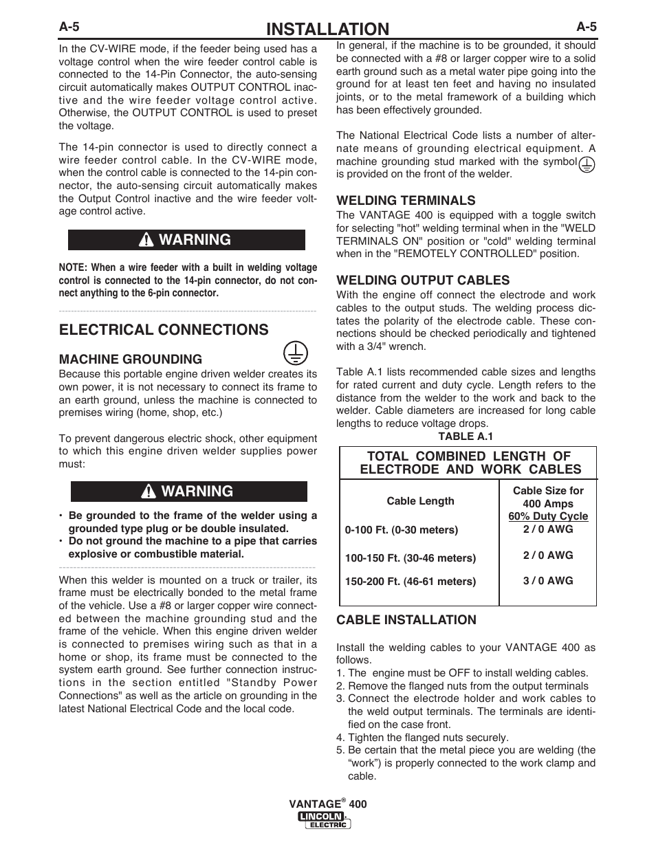 Installation, Electrical connections, Warning | Lincoln Electric IM961 VANTAGE 400 User Manual | Page 13 / 56