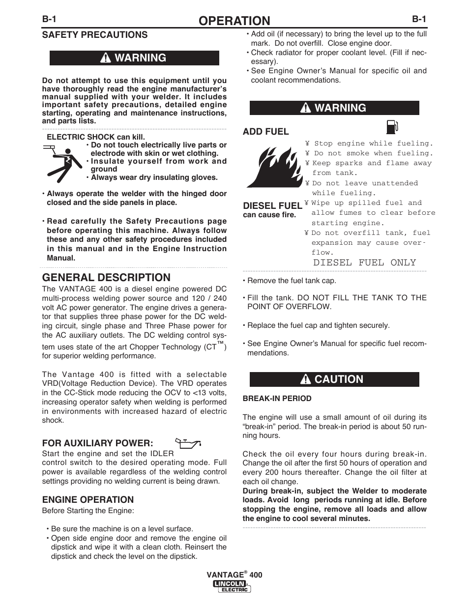 Operation, General description, Diesel fuel only | Warning, Warning caution | Lincoln Electric IM961 VANTAGE 400 User Manual | Page 18 / 56