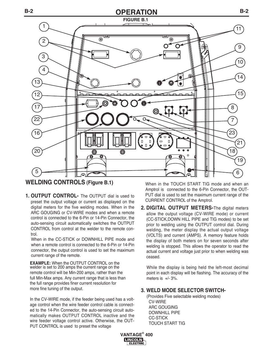 Operation, Welding controls | Lincoln Electric IM961 VANTAGE 400 User Manual | Page 19 / 56