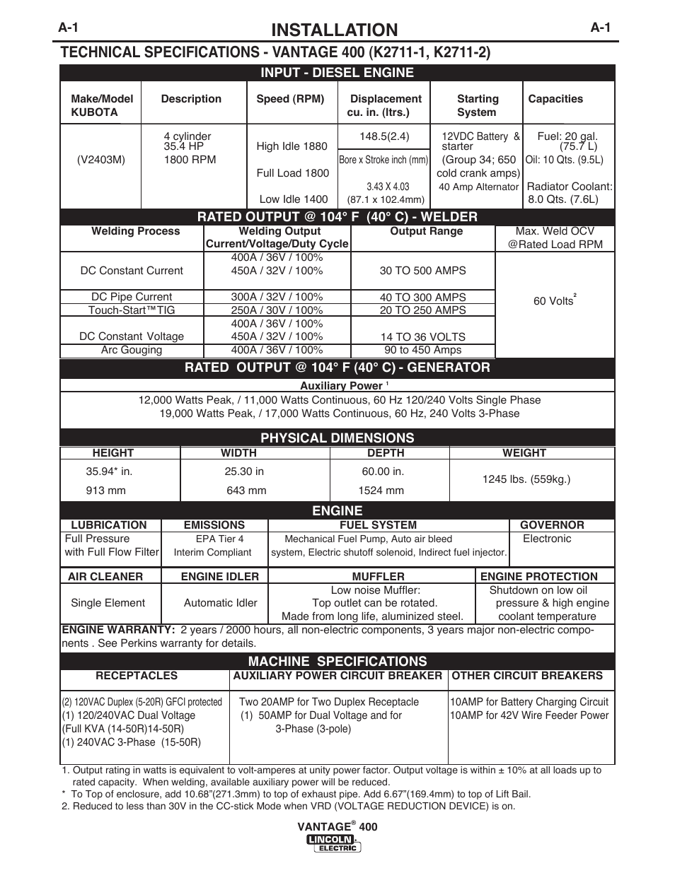 Installation | Lincoln Electric IM961 VANTAGE 400 User Manual | Page 9 / 56