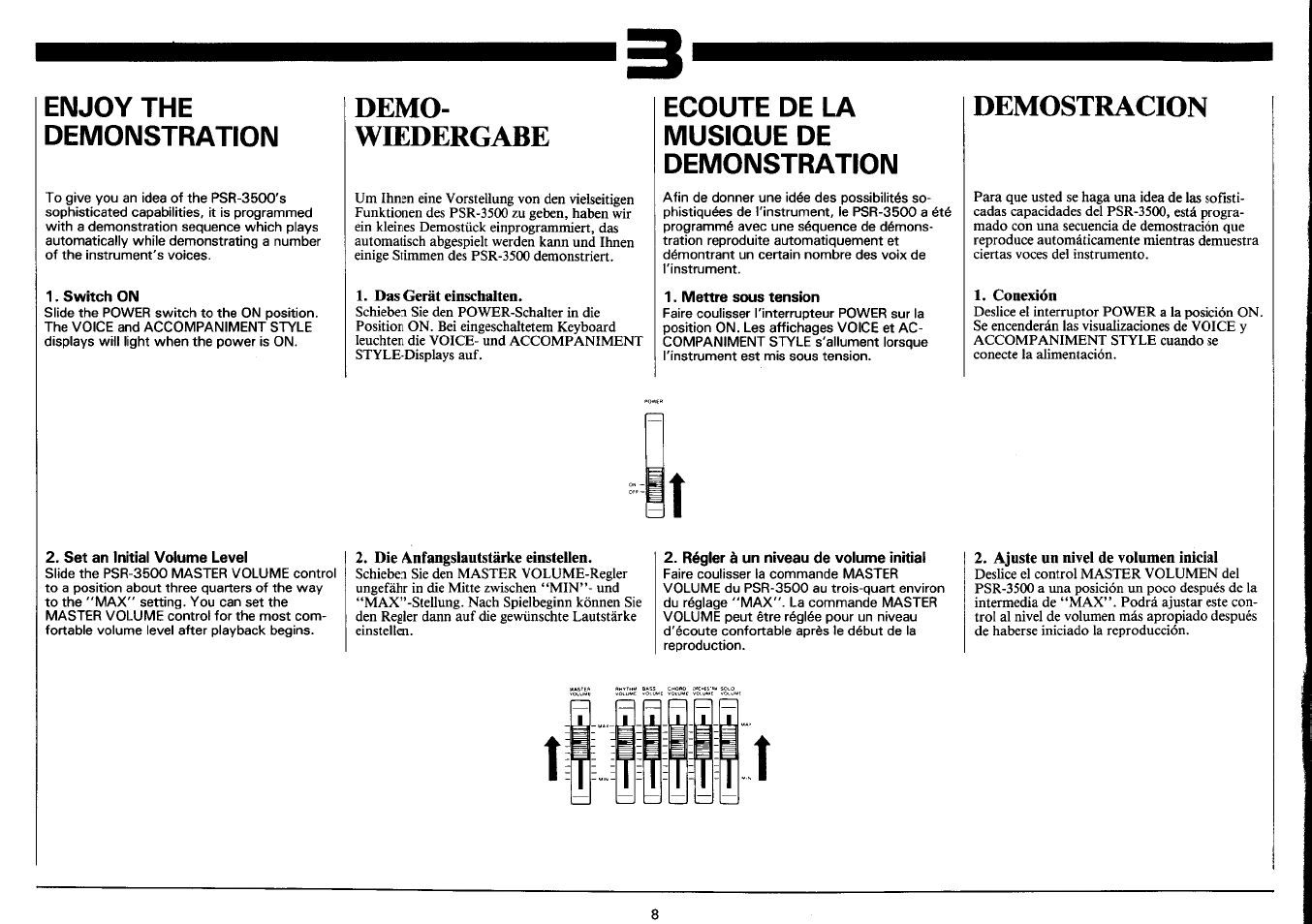 Enjoy the demonstration, Switch on, Demo | Wffidergabe, Das gerät einschalten, Ecoute de la musique de demonstration, Mettre sous tension, Demostracion, Conexión, Set an initial volume level | Yamaha PSR-3500 User Manual | Page 10 / 84