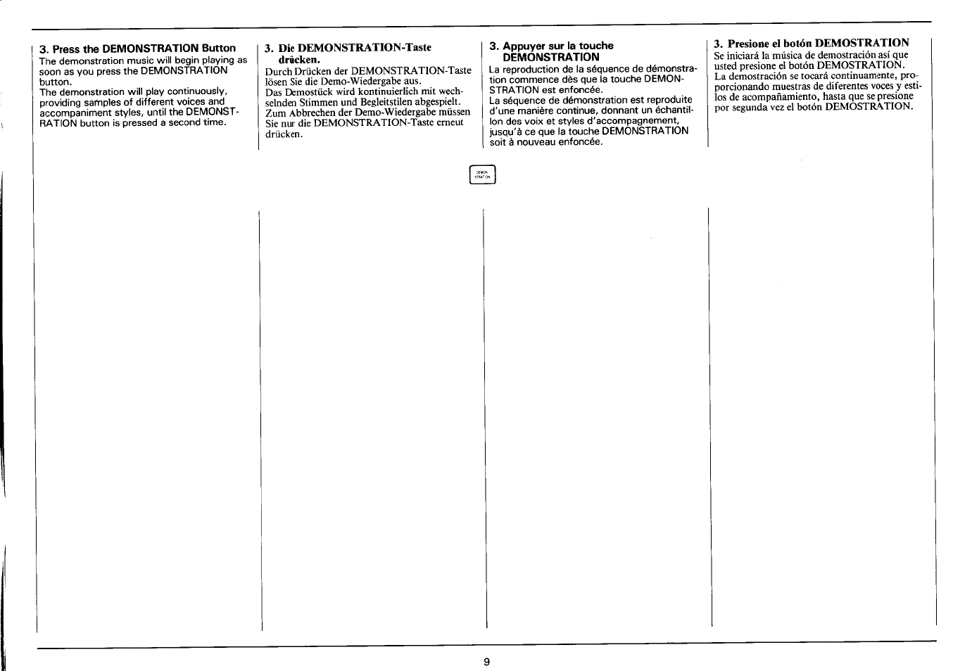 Press the demonstration button, Die demonstration-taste drücken, Appuyer sur la touche demonstration | Presione el botón demostration | Yamaha PSR-3500 User Manual | Page 11 / 84