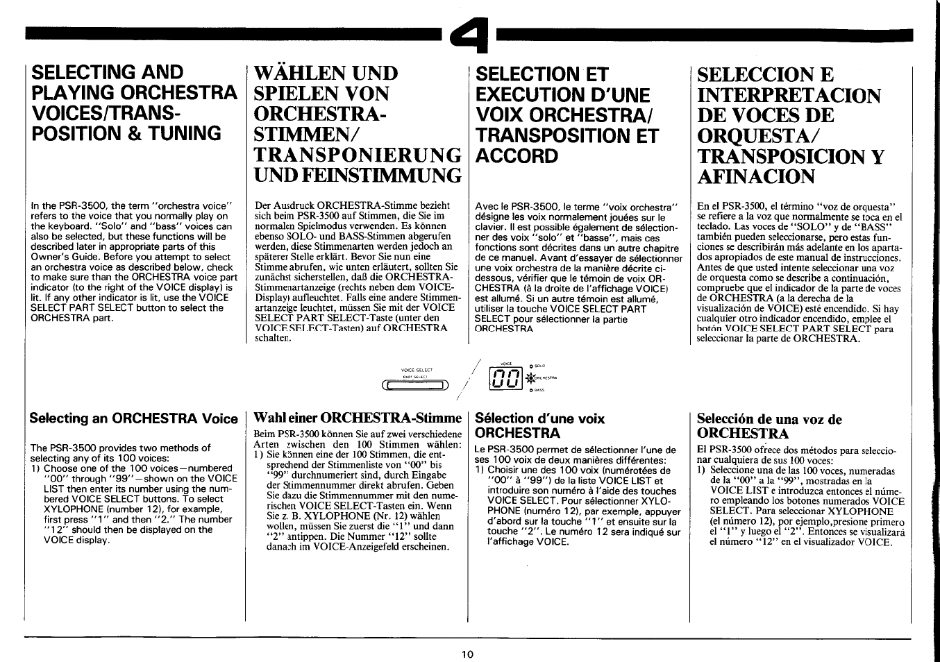 Selecting an orchestra voice, Wahl einer orchestra-stimme, Sélection d'une voix orchestra | Selección de una voz de orchestra | Yamaha PSR-3500 User Manual | Page 12 / 84