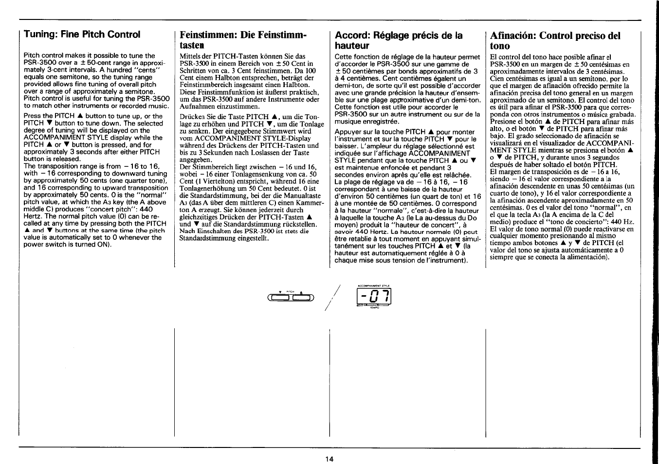 Tuning: fine pitch control, Feinstimmen: die feinstimm- tasten, Accord: réglage précis de la hauteur | Afínadón: control preciso del tono, Feinstimmen: die feinstimmtasten, Afinación: control preciso del tono | Yamaha PSR-3500 User Manual | Page 16 / 84