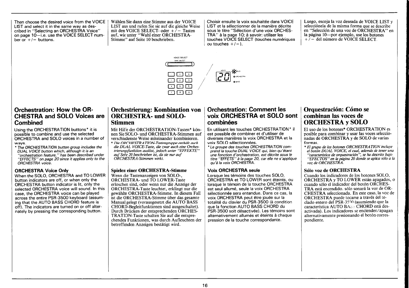 Orchestra voice only, Spielen einer orchestra-stimme, Voix orchestra seule | Sólo voz de orchestra | Yamaha PSR-3500 User Manual | Page 18 / 84