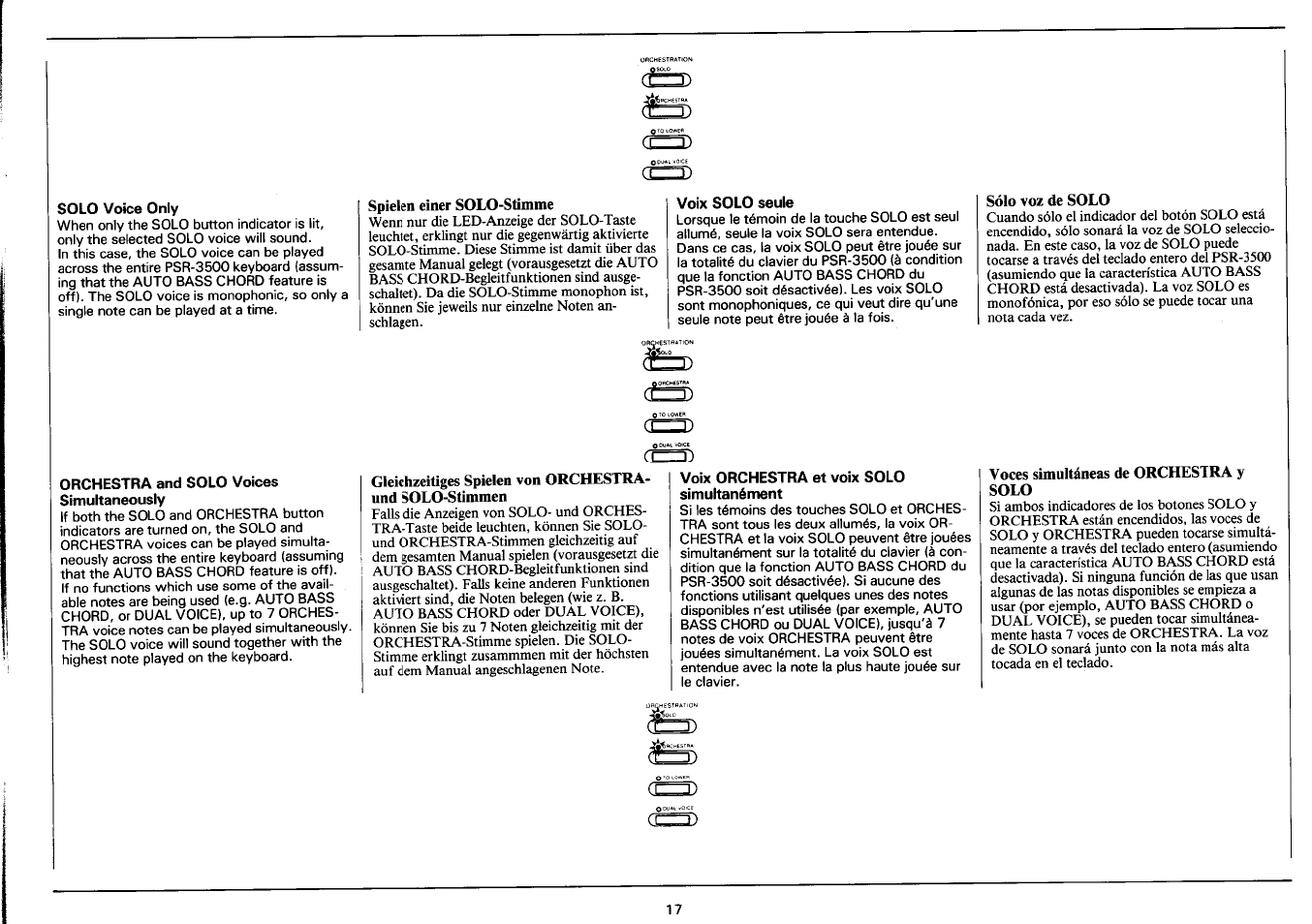 Solo voice only, Orchestra and solo voices simultaneously, Voix solo seule | Yamaha PSR-3500 User Manual | Page 19 / 84