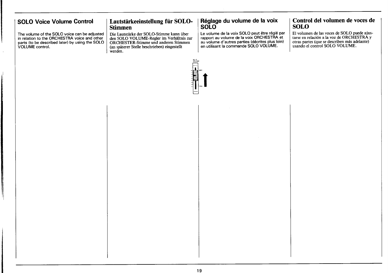 Solo voice volume control, Lautstärkeeinstellung für solo- stimmen, Réglage du volume de la voix solo | Control del volumen de voces de solo, Lautstärkeeinstellung für solo-stimmen, Control de volumen de voces de solo | Yamaha PSR-3500 User Manual | Page 21 / 84