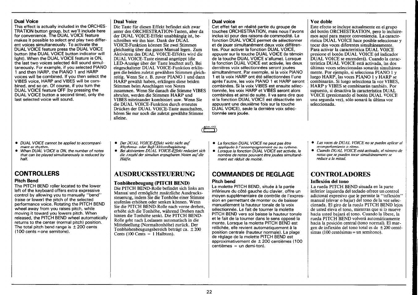 Dual voice, Voz doble, Controllers | Ausdruckssteuerung, Commandes de reglage, Controladores, Commandes de réglage | Yamaha PSR-3500 User Manual | Page 24 / 84