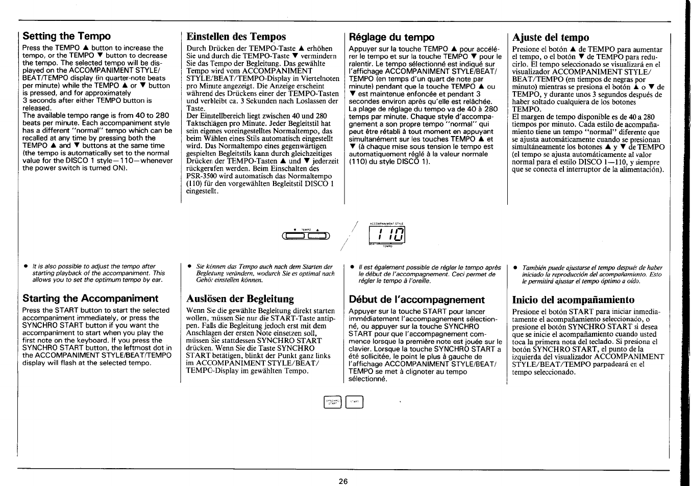 Setting the tempo, Einsteuen des tempos, Réglage du tempo | Ajuste del tempo, Starting the accompaniment, Auslösen der begleitung, Début de l'accompagnement, Inicio del acompañamiento, Setting the tempo starting the accompaniment, Einstellen des tempos | Yamaha PSR-3500 User Manual | Page 28 / 84