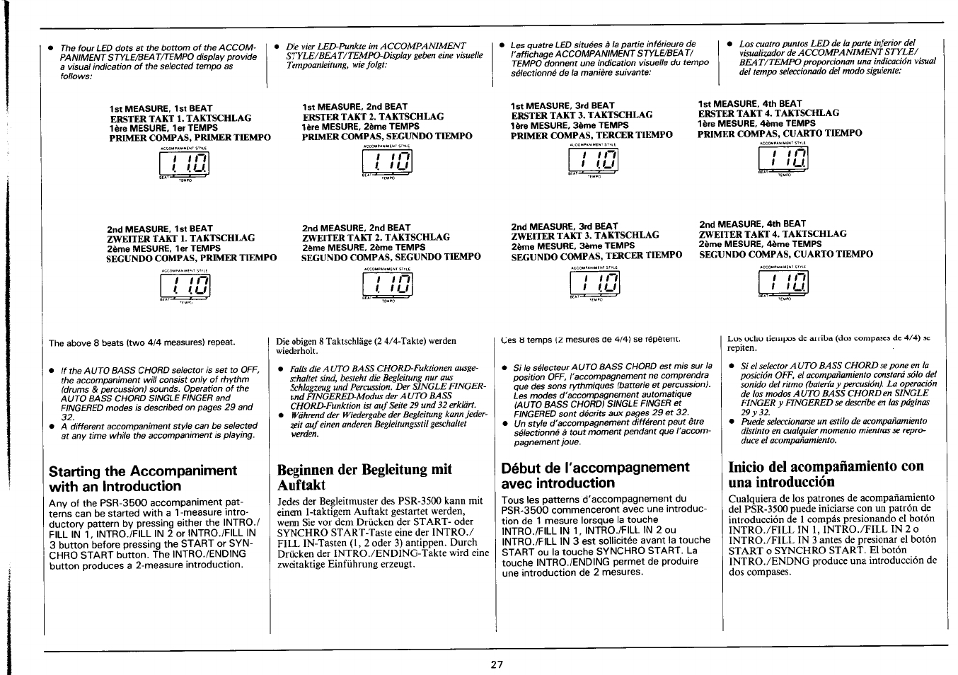 Starting the accompaniment with an introduction, Beginnen der begleitung mit auftakt, Début de l'accompagnement avec introduction | Inicio del acompañamiento con una introducción | Yamaha PSR-3500 User Manual | Page 29 / 84