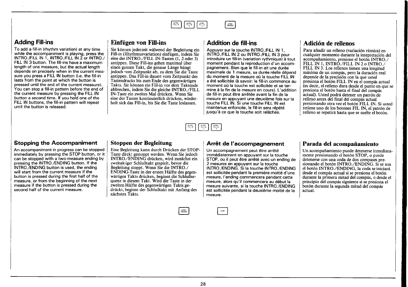 Adding fill-ins, Einfügen von fiu-ins, Addition de fill-ins | Adición de rellenos, Stopping the accompaniment, Stoppen der begleitung, Arrêt de raccompagnement, Parada del acompañamiento, Adding fill-ins stopping the accompaniment, Addition de fill-ins arrêt de l'accompagnement | Yamaha PSR-3500 User Manual | Page 30 / 84