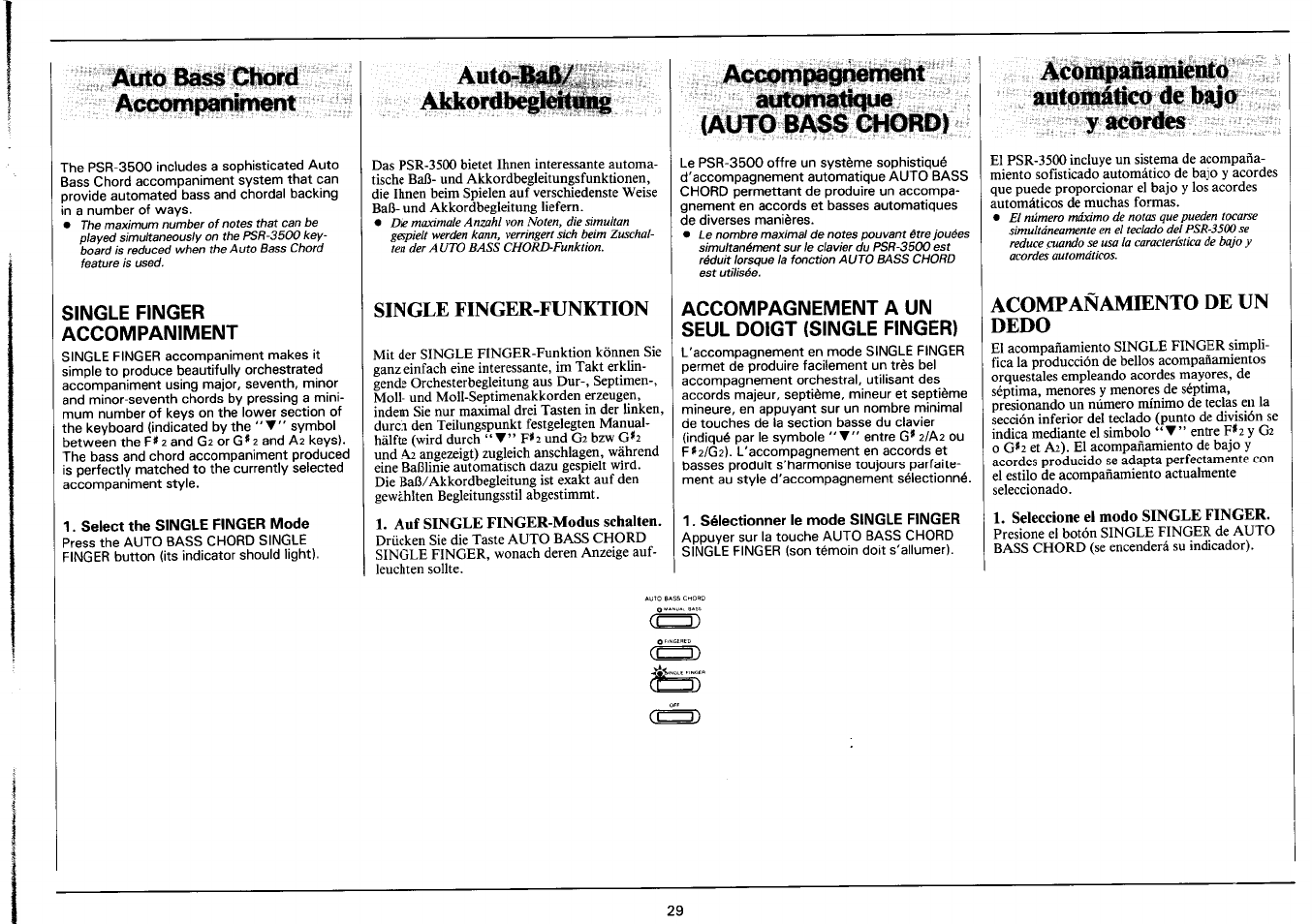 Single finger accompaniment, Select the single finger mode, Single finger-funktion | Auf single finger-modus schalten, Accompagnement a un seul doigt (single finger), Sélectionner le mode single finger, Acompañamiento de un dedo, Seleccione el modo single finger, Acolitpañaflifeiitq adtohiático de li^jo y acordes, Auto bass chon:l accompannnent | Yamaha PSR-3500 User Manual | Page 31 / 84