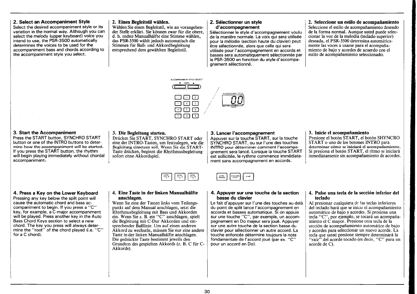 Select an accompaniment style, Sélectionner un style d'accompagnement, Start the accompaniment | Lancer l'accompagnement, Press a key on the lower keyboard | Yamaha PSR-3500 User Manual | Page 32 / 84