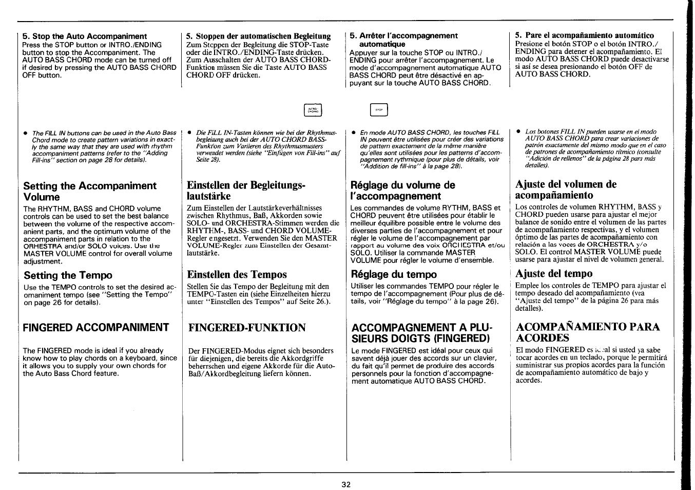 Stop the auto accompaniment, Stoppen der automatischen begleitung, Arrêter taccompagnement automatique | Pare el acompañamiento automático, Réglage du volume de l'accompagnement, Réglage du tempo, Accompagnement a plusieurs doigts (fingered), Ajuste del volumen de acompañamiento, I ajuste del tempo, Acompañamiento para acordes | Yamaha PSR-3500 User Manual | Page 34 / 84