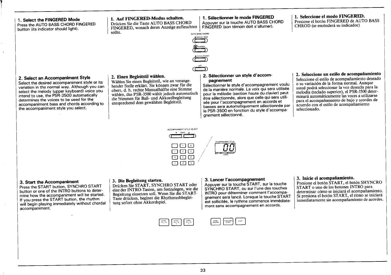 Select the fingered mode, Select an accompaniment style, Sélectionner le mode fingered | Sélectionner un style d'accompagnement, Start the accompaniment, Lancer l'accompagnement | Yamaha PSR-3500 User Manual | Page 35 / 84