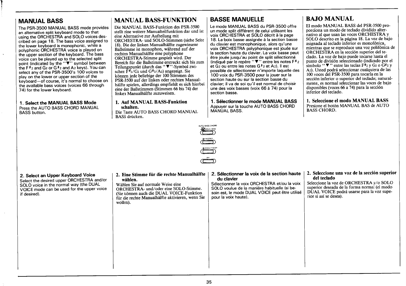 Manual bass, Select the manual bass mode, Manual bass-funktion | Basse manuelle, Sélectionner le mode manual bass, Bajo manual, Select an upper keyboard voice | Yamaha PSR-3500 User Manual | Page 37 / 84