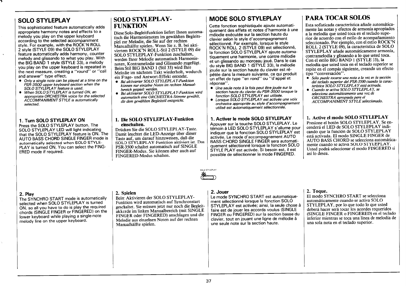 Solo styleplay, Turn solo styleplay on, Play | Solo styleplayfunktion, Die solo styleplay-funktion einschalten, Mode solo styleplay, Activer le mode solo styleplay, Spielen, Jouer, Para tocar solos | Yamaha PSR-3500 User Manual | Page 39 / 84