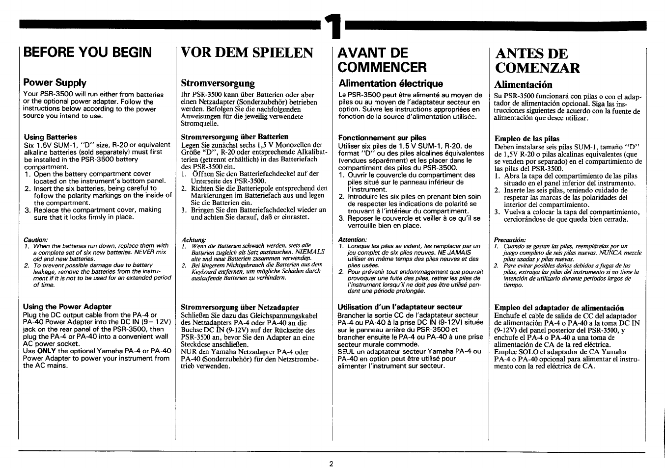 Before you begin, Power supply, Vor dem spielen | Stromversorgung, Avant de commencer, Alimentation électrique, Antes de comenzar, Alimentación | Yamaha PSR-3500 User Manual | Page 4 / 84