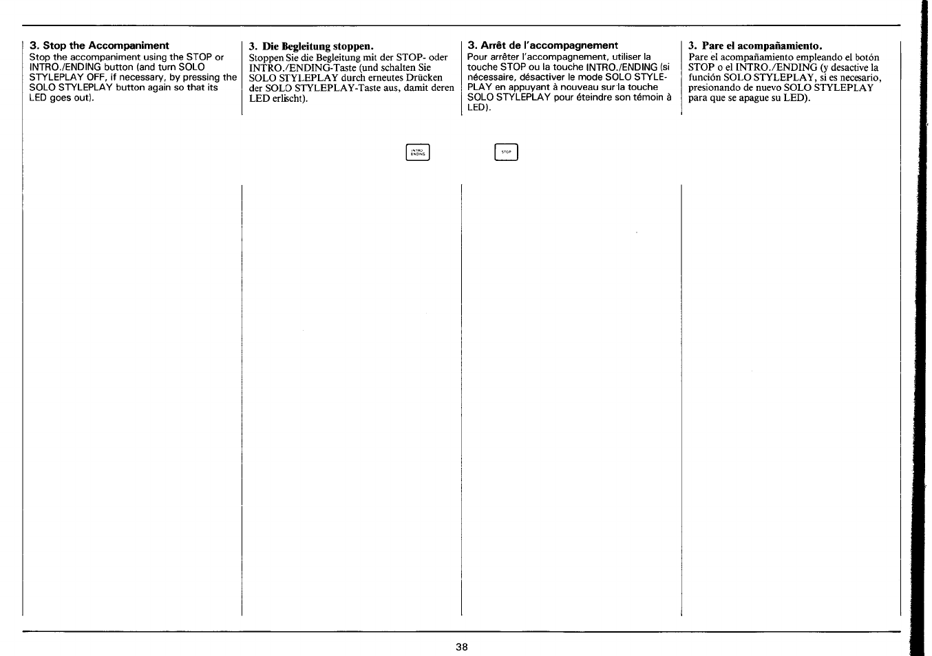 Stop the accompaniment, Die begleitung stoppen, Arrêt de l'accompagnement | Pare el acompañamiento | Yamaha PSR-3500 User Manual | Page 40 / 84