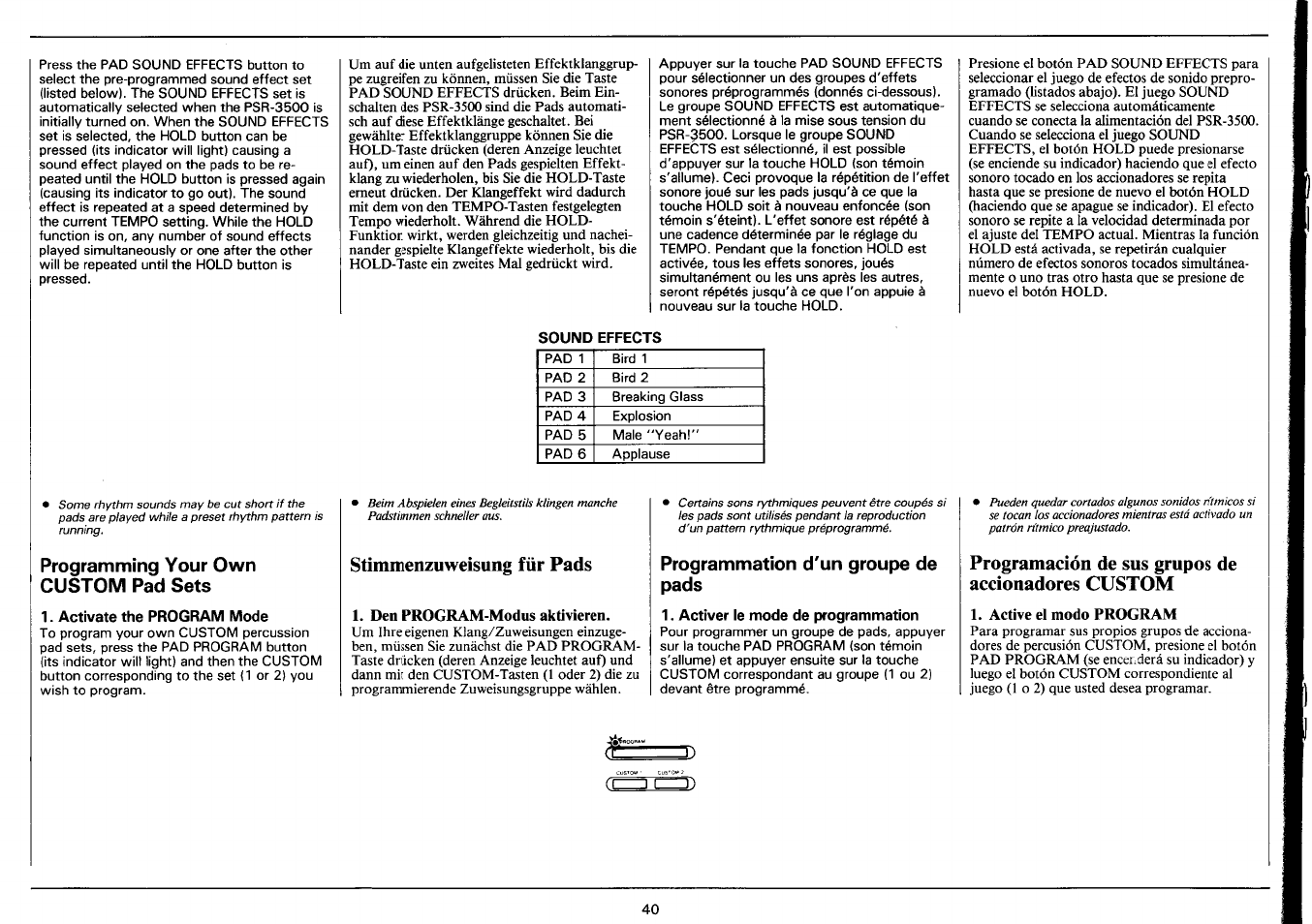 Programming your own custom pad sets, Activate the program mode, Sound effects | Stimmenzuweisung für pads, Den program-modus aktivieren, Programmation d'un groupe de pads, Activer le mode de programmation, Programación de sus grupos de accionadores custom, Active el modo program | Yamaha PSR-3500 User Manual | Page 42 / 84