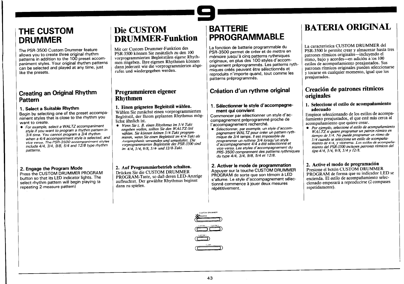 The custom drummer, Creating an original rhythm pattern, Select a suitable rhythm | Engage the program mode, Die custom drummer-funktion, Programmieren eigener rhythmen, Einen geigneten begleitstil wählen, Auf programmierbetrieb schalten, Batterie, Pprogrammable | Yamaha PSR-3500 User Manual | Page 45 / 84