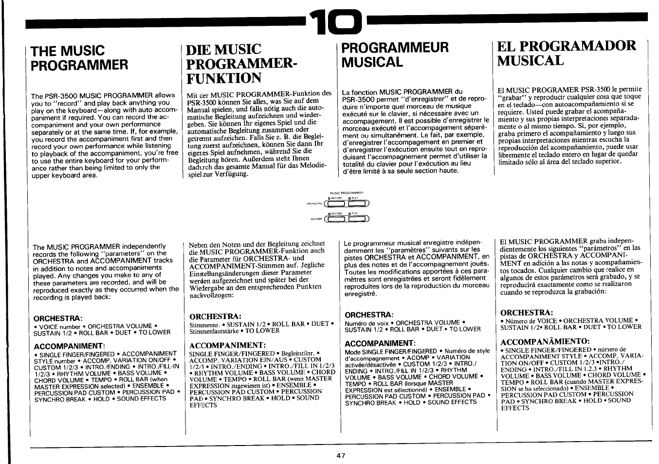 The music programmer, Die music, Programmer | Funktion, Programmeur, Musical, El programador musical, Orchestra, Accompaimiment, Accompaniment | Yamaha PSR-3500 User Manual | Page 49 / 84