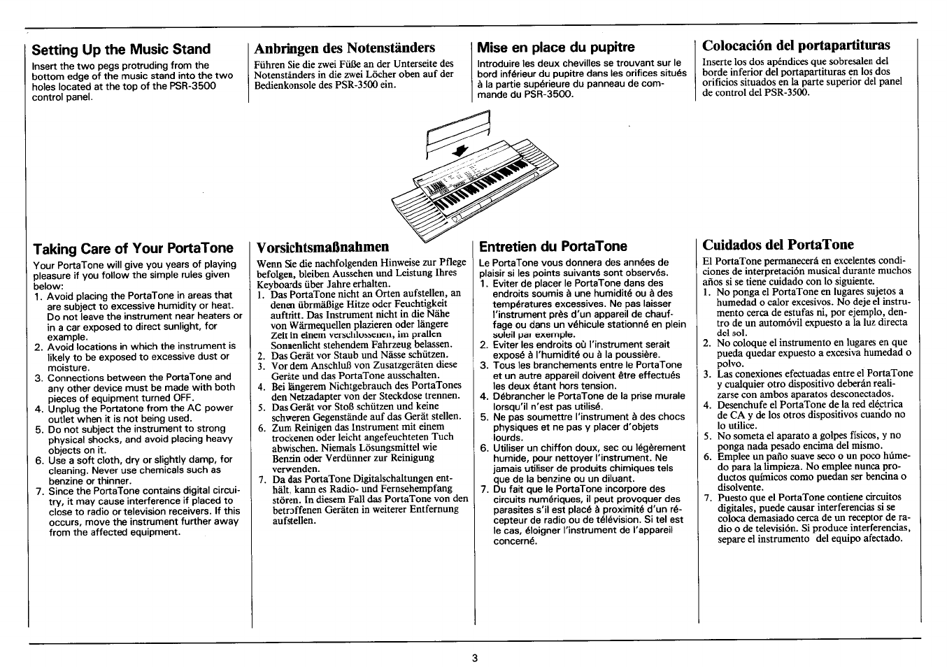 Setting up the music stand, Taking care of your portatone, Anbringen des notenständers | Mise en place du pupitre, Vorsichtsmaßnahmen, Entretien du portatone, Colocación del portapartíturas, Cuidados del portatone | Yamaha PSR-3500 User Manual | Page 5 / 84