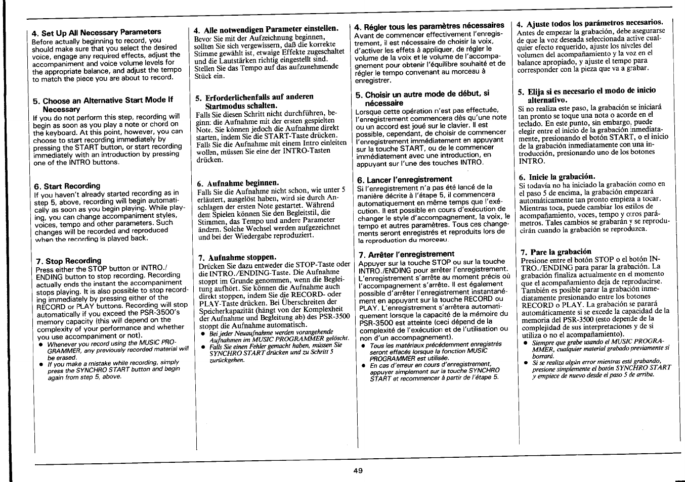 Choose an alternative start mode if necessary, Start recording, Stop recording | Aufnahme beginnen, Aufnahme stoppen, Régler tous les paramètres nécessaires, Choisir un autre mode de début, si nécessaire, Lancer l'enregistrement, Arrêter l'enregistrement, Inicie la grabación | Yamaha PSR-3500 User Manual | Page 51 / 84