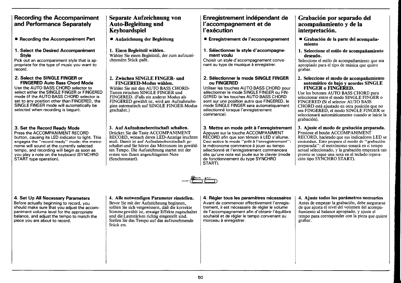 Einen begleitstil wählen, Zwischen single finger- und fingered-modus wählen, Auf aufnahmebereitschaft schalten | Grabación de la parte del acompañamiento, Seleccione el estilo de acompañamiento deseado, Ajuste el modo de grabación preparada, Alle notwendigen parameter einstellen, Ajuste todos los parámetros necesarios | Yamaha PSR-3500 User Manual | Page 52 / 84