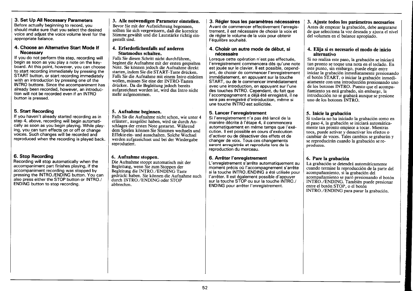 Set up all necessary parameters, Choose an alternative start mode if necessary, Start recording | Stop recording, Alle notwendigen parameter einsteilen, Aufnahme beginnen, Aufnahme stoppen, Régler tous les paramètres nécessaires, Choisir un autre mode de début, si nécessaire, Lancer tenregistrement | Yamaha PSR-3500 User Manual | Page 54 / 84