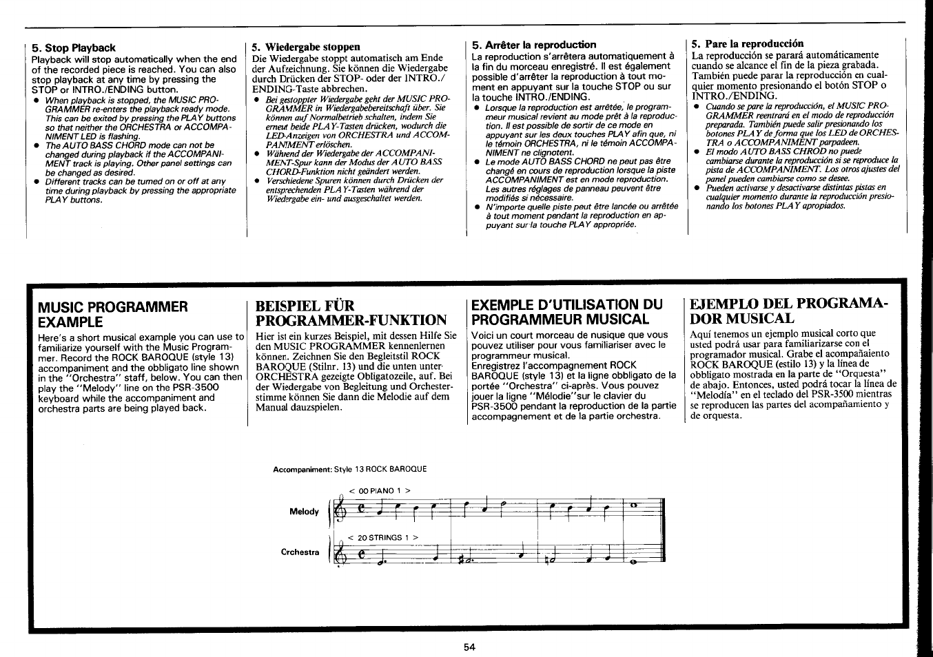 Stop playback, Wiedergabe stoppen, Arrêter la reproduction | Раге la reproducción, Music programmer example, Beispiel für programmer-funktion, Exemple d'utilisation du programmeur musical, Ejemplo del programador musical, Ejemplo del programa­ dor musical | Yamaha PSR-3500 User Manual | Page 56 / 84