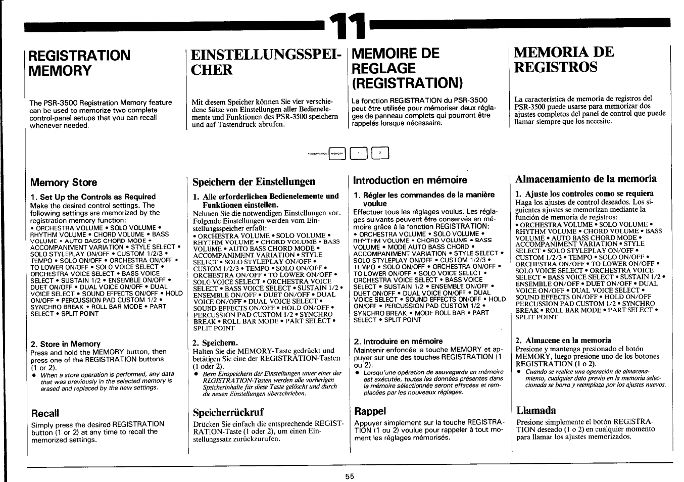 Registration, Memory, Einstellungsspei | Cher, Memoire de, Reglage, Registration), Memoria de registros, Memory store, Set up the controls as required | Yamaha PSR-3500 User Manual | Page 57 / 84