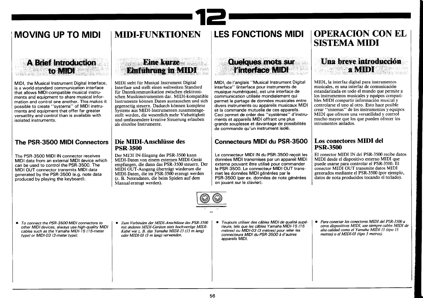 Moving up to midi, A introducitioii to, The psr-3500 midi connectors | Mroi-funktionen, Die midi-anschlüsse des psr-3500, Les fonctions midi, Connecteurs midi du psr-3500, Operacion con el sistema midi, Uma breve introdumáón a midi, Los conectores midi del psr-3500 | Yamaha PSR-3500 User Manual | Page 58 / 84