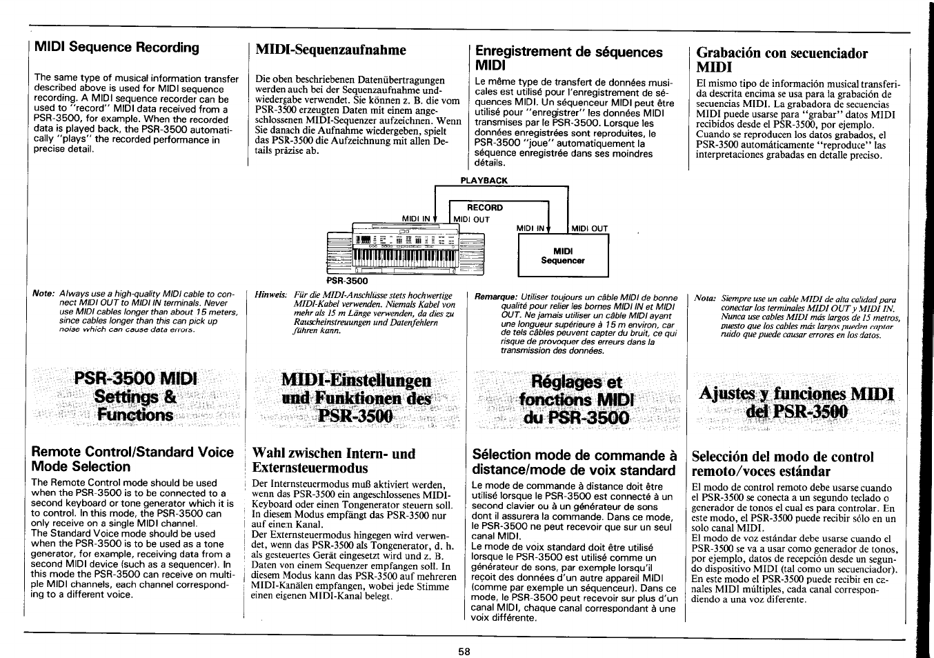 Midi sequence recording, Remote control/standard voice mode selection, Midi-sequenzaufnahme | Enregistrement de séquences midi, Wahl zwischen intern- und extemsteuemiodus, Grahación con secuenciador midi, Grabación con secuenciador midi, Mldi-elffisteuungen und funklioiieii psr- 350 d, Ajustes yiunciones midi, Psr-3500 midi | Yamaha PSR-3500 User Manual | Page 60 / 84