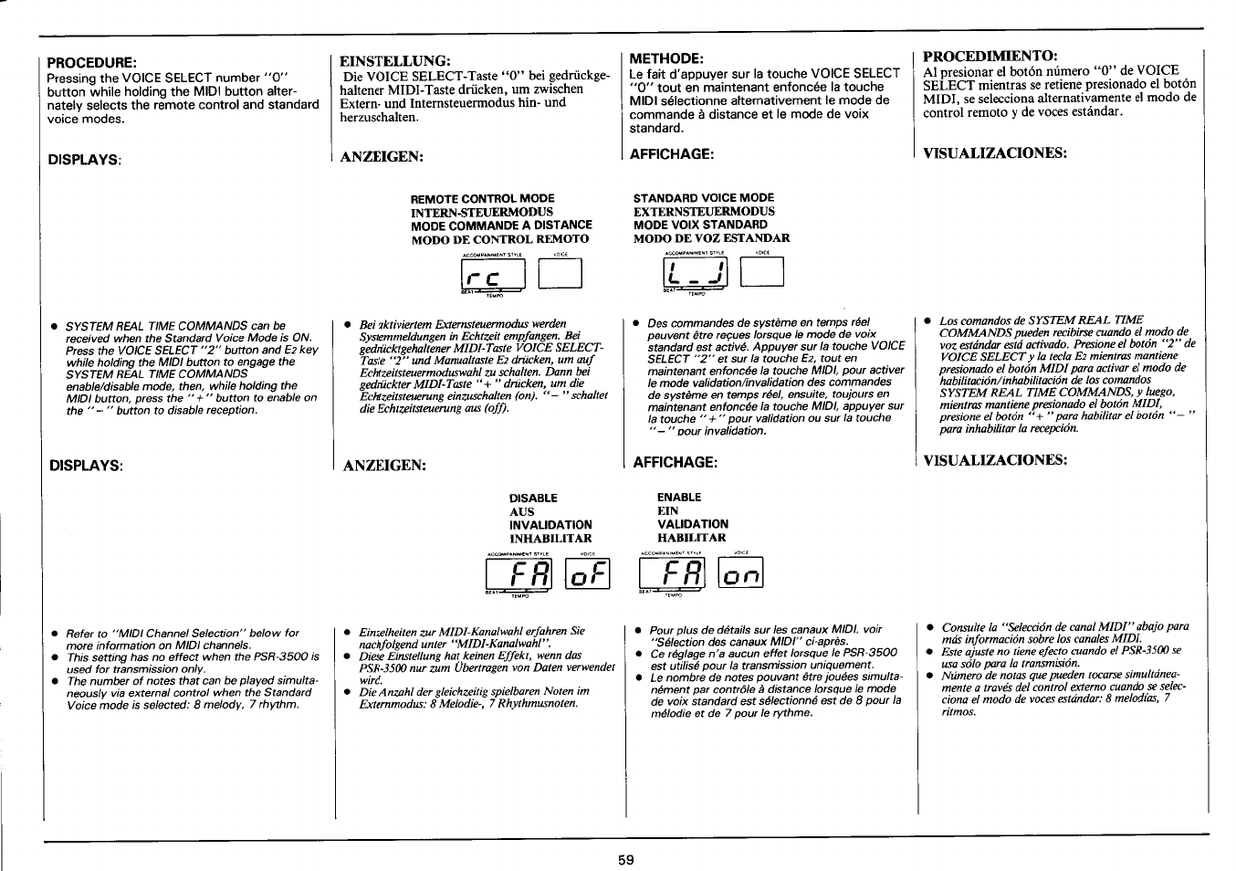 Procedure, Displays, Einstellung | Anzeigen, Methode, Affichage, Procedimiento, Visualizaciones | Yamaha PSR-3500 User Manual | Page 61 / 84