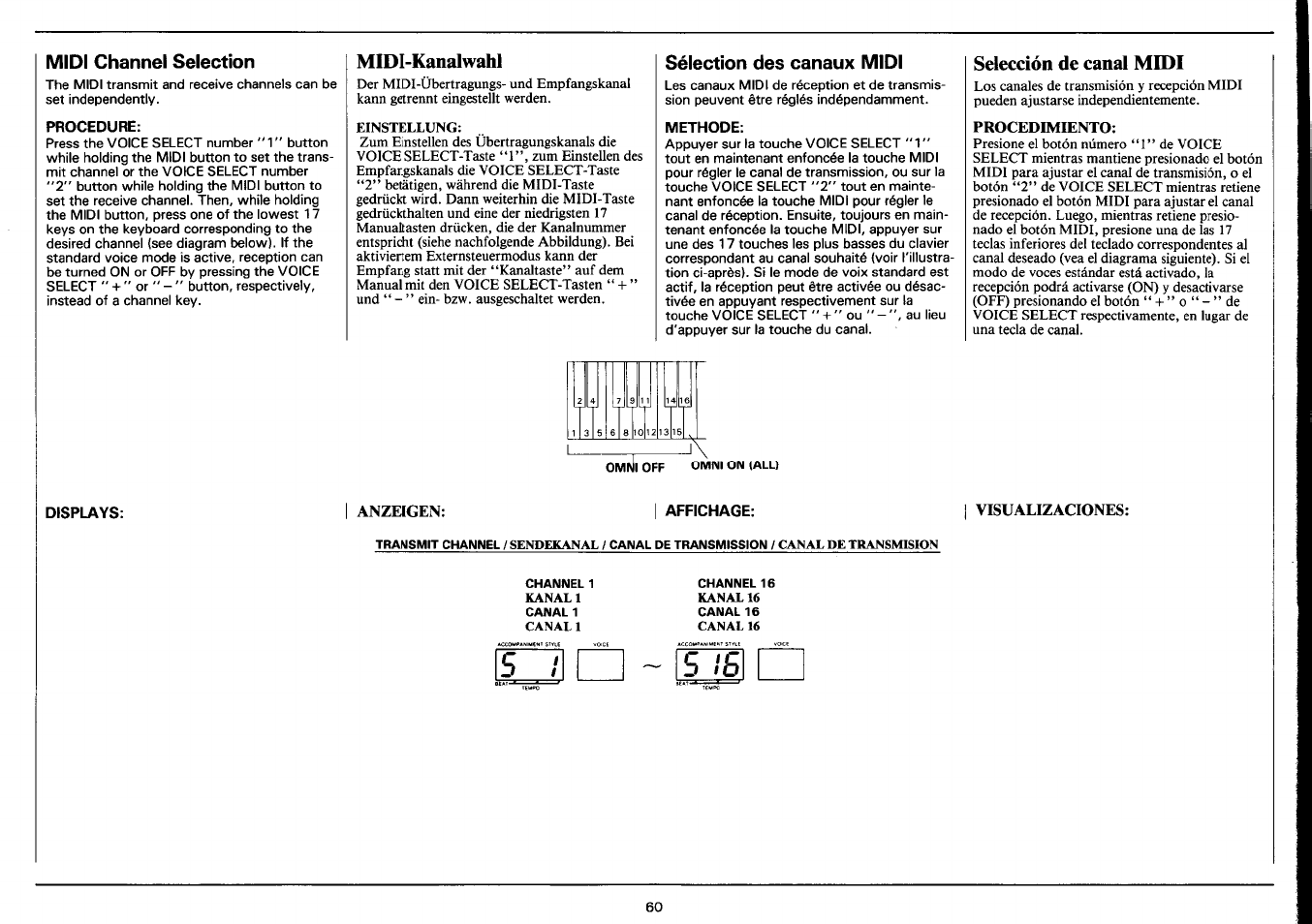 Midi channel selection, Procedure, Midi-kanalwahl | Sélection des canaux midi, Methode, Selección de canal medi, Procedimiento, Displays, I anzeigen: | affichage, Visualizaciones | Yamaha PSR-3500 User Manual | Page 62 / 84