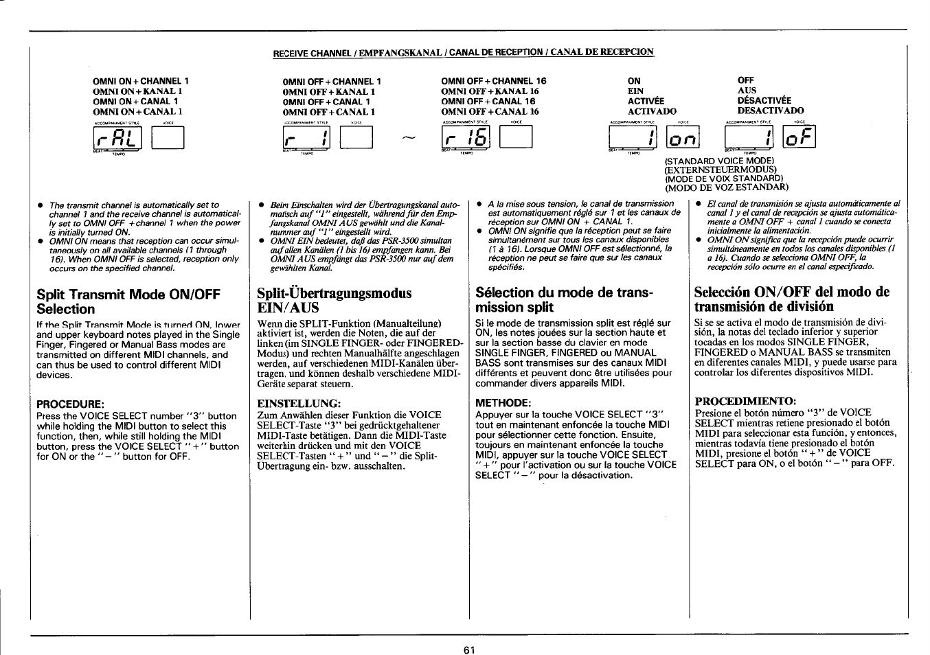 Split transmit mode on/off selection, Procedure, Split-übertragungsmodus | Ein/aus, Einstellung, Sélection du mode de transmission split, Methode, Procedimiento, Split-übertragungsmodus ein/aus, Sélection du mode transmission split | Yamaha PSR-3500 User Manual | Page 63 / 84