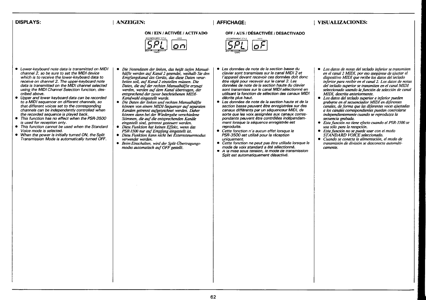 Displays, I anzeigen, I affichage | 1 visualizaciones | Yamaha PSR-3500 User Manual | Page 64 / 84