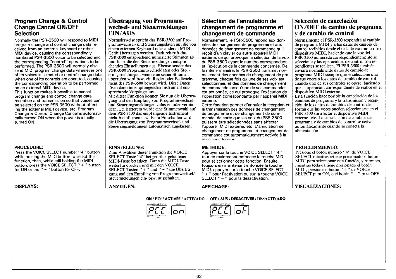 Procedure, Displays, Einstellung | Anzeigen, Methode, Affichage, Procedimiento, Visualizaciones, O r r | Yamaha PSR-3500 User Manual | Page 65 / 84