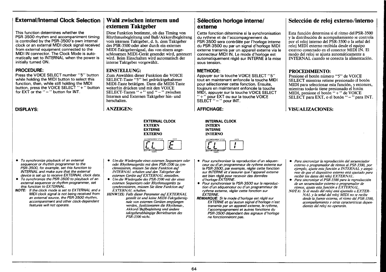 External/internal clock selection, Procedure, Displays | Wahl zwischen internem und externem taktgeber, Einstellung, Anzeigen, Sélection horioge interne/ externe, Methode, Affichage, Selección de reloj extemo/intemo | Yamaha PSR-3500 User Manual | Page 66 / 84