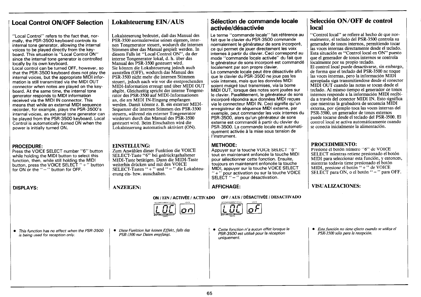 Local control on/off selection, Procedure, Displays | Lokalsteuerang ein/aus, Einstellung, Anzeigen, Sélection de commande locale activée/désactivée, Methode, Affichage, Selección on/off de control local | Yamaha PSR-3500 User Manual | Page 67 / 84