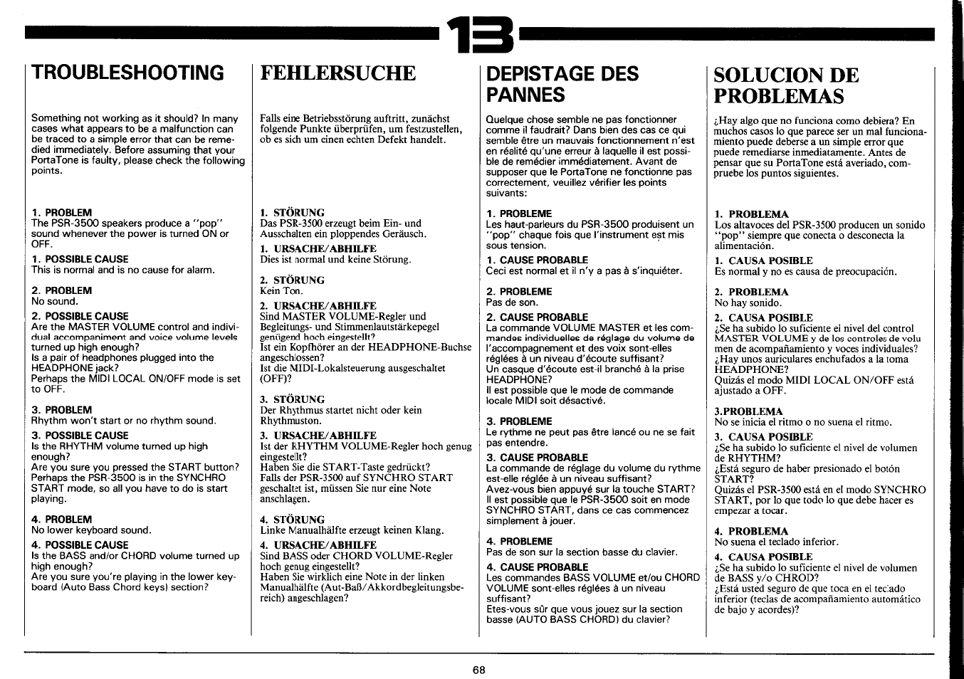 Troubleshooting, Fehlersuche, Depistage des pannes | Solucion de problemas | Yamaha PSR-3500 User Manual | Page 70 / 84