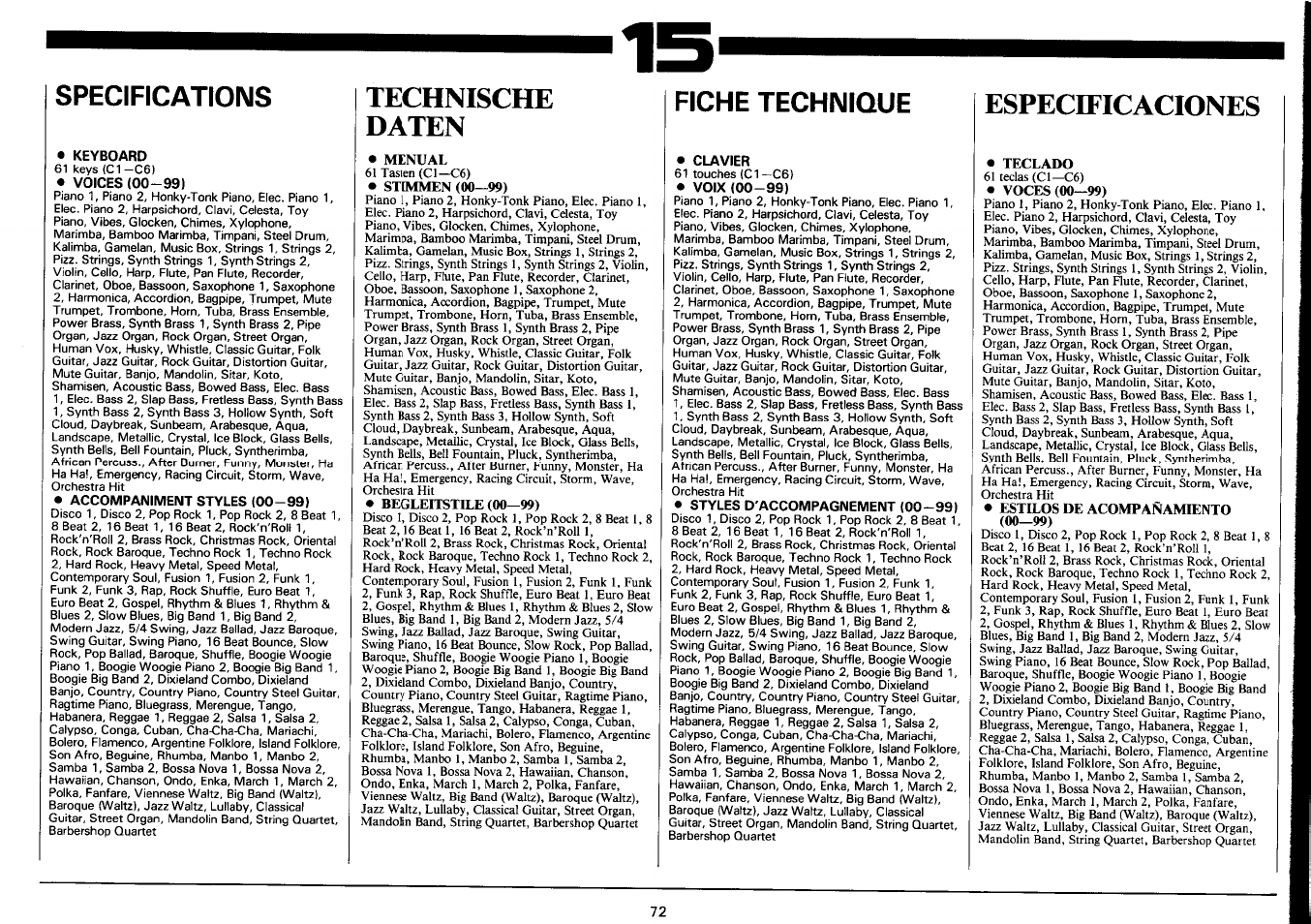 Specifications, Technische, Daten | Fiche technique, Especificaciones, Technische daten | Yamaha PSR-3500 User Manual | Page 74 / 84