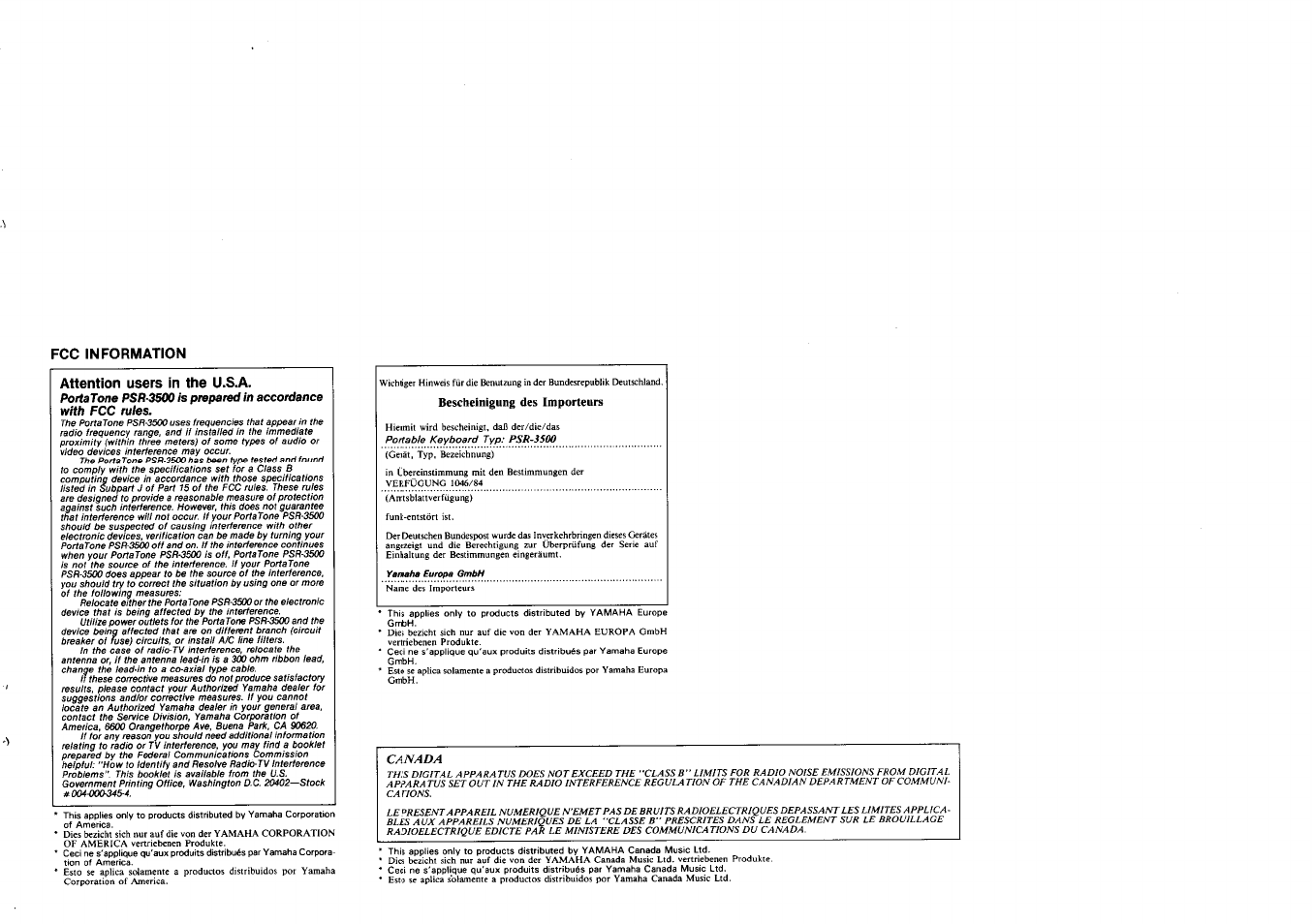 Fcc information | Yamaha PSR-3500 User Manual | Page 83 / 84